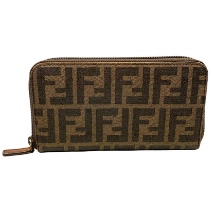 Fendi Zucca Pattern Zip Around Leather Khaki Brown Dark Wallet Gold