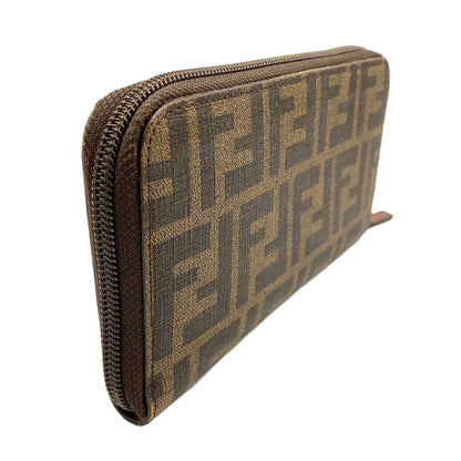 Fendi Zucca Pattern Zip Around Leather Khaki Brown Dark Wallet Gold — view 2