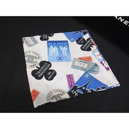 Chanel CC Logo Air Line Silk Scarf Shawl White Multicolor