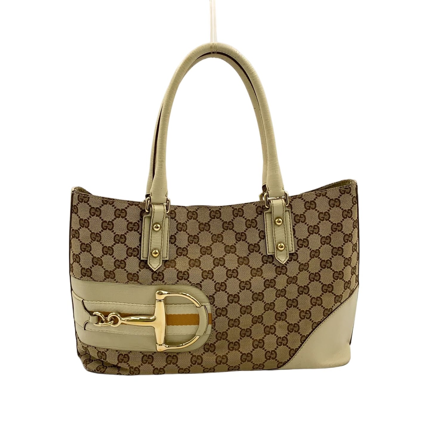 Gucci Hasla Bit Leather Canvas Beige Tote Gold
