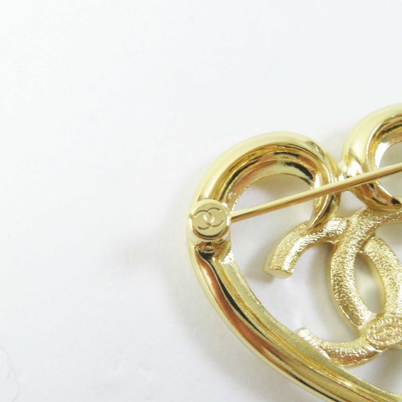 CHANEL F23C Coco Mark Heart Brooch With Rhinestones Gold With Box Ladies