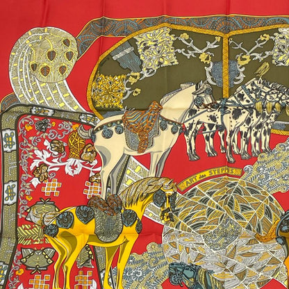 Hermes Carre 90 ART Des Steppes Step Art Horse Scarf Silk Red