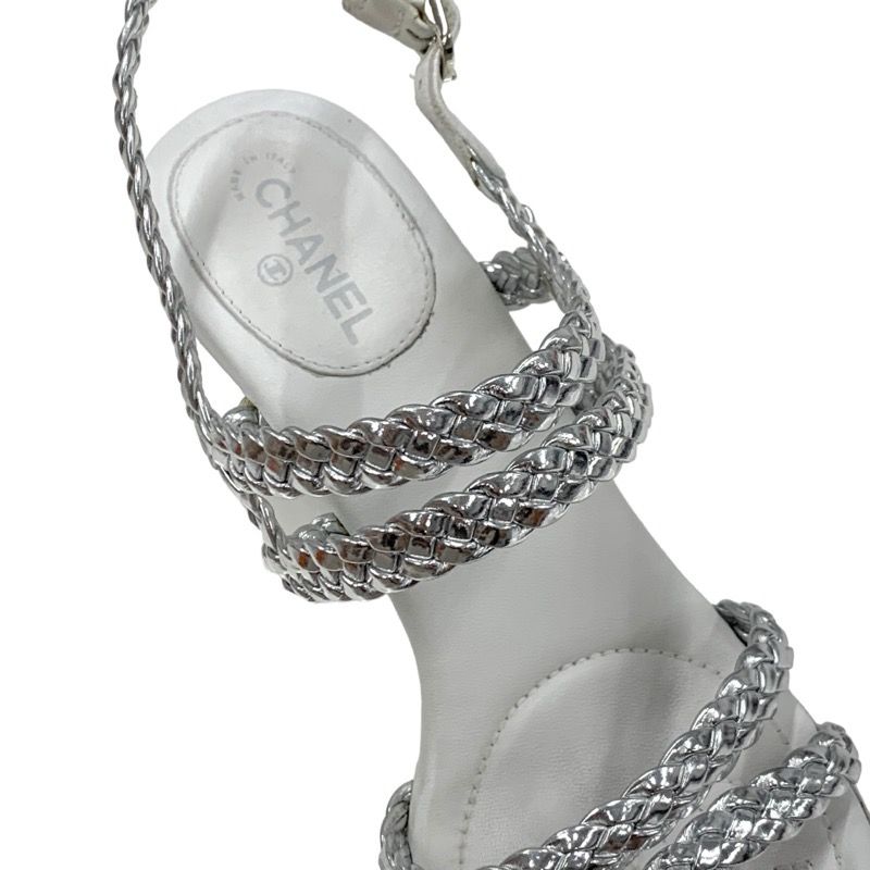 Chanel Sandals Shoes Leather Silver White Coco Mark Strap Wedge Sole