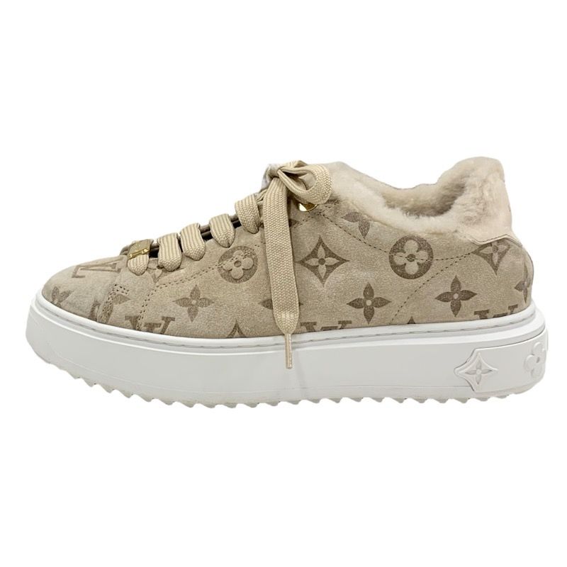 Louis Vuitton Time Out Line Monogram Sneakers Shoes Suede Leather Mouton Beige