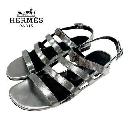 Hermes Transat Sandals Shoes Leather Silver Flat Sandals Kelly Hardware