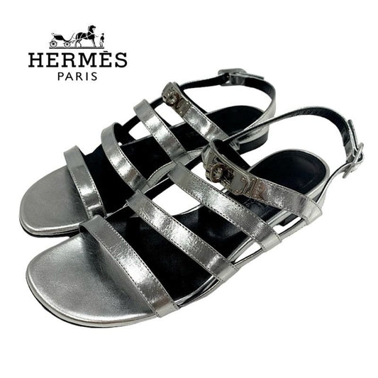 Hermes Transat Sandals Shoes Leather Silver Flat Sandals Kelly Hardware