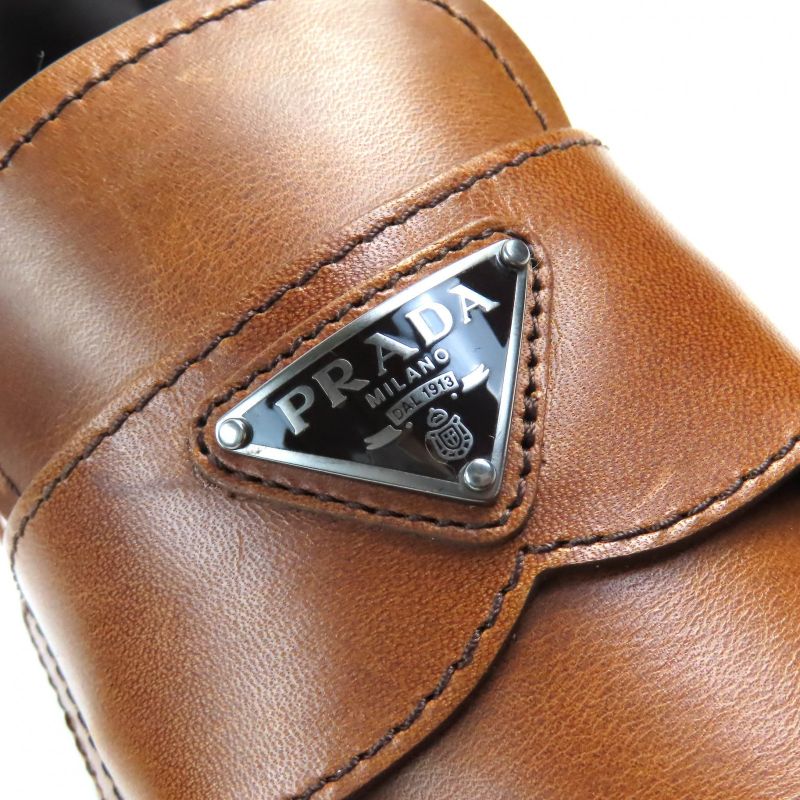 Prada 1d801n Triangle Logo Triangle Plate Oxford Leather Loafers Brown 37.5
