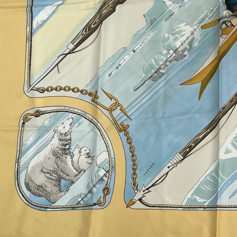 Hermes Carre 90 1982 Gronland Greenland Eskimo Dog Sled Silk Scarf Yellow