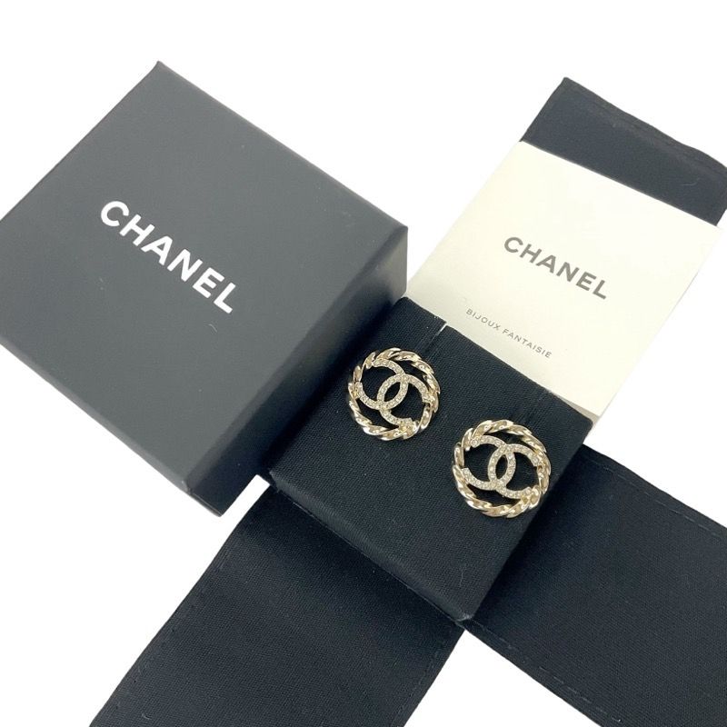 Chanel Earrings Gold Coco Mark Rhinestone Circle