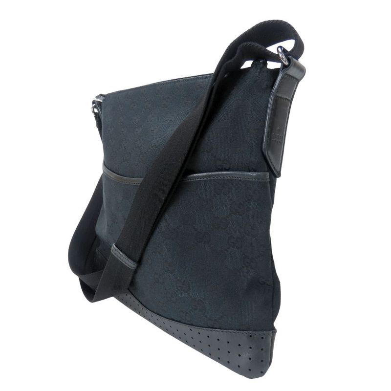 Gucci Shoulder Bag 145857 Perforated GG Canvas Leather Black Crossbody Casual