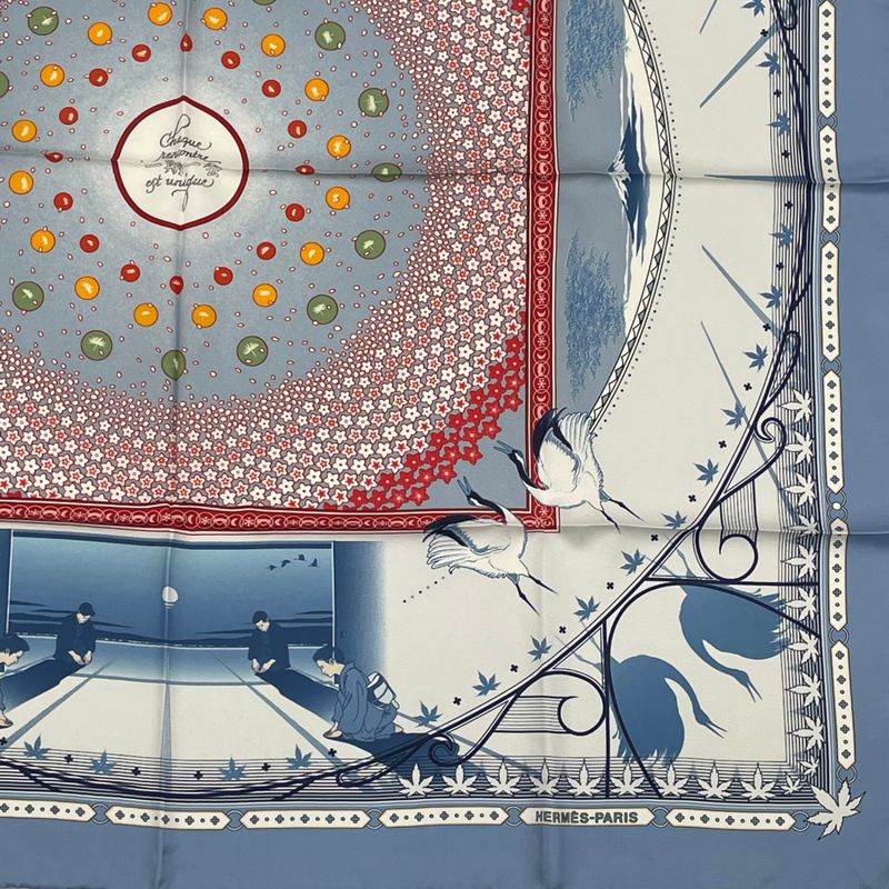 Hermes Carre 90 Chaque Rencontre EST Unique Once In A Lifetime Scarf Blue
