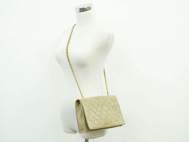 Authentic Chanel Matelasse Coco Mark Chain Shoulder Bag Lambskin Leather Beige