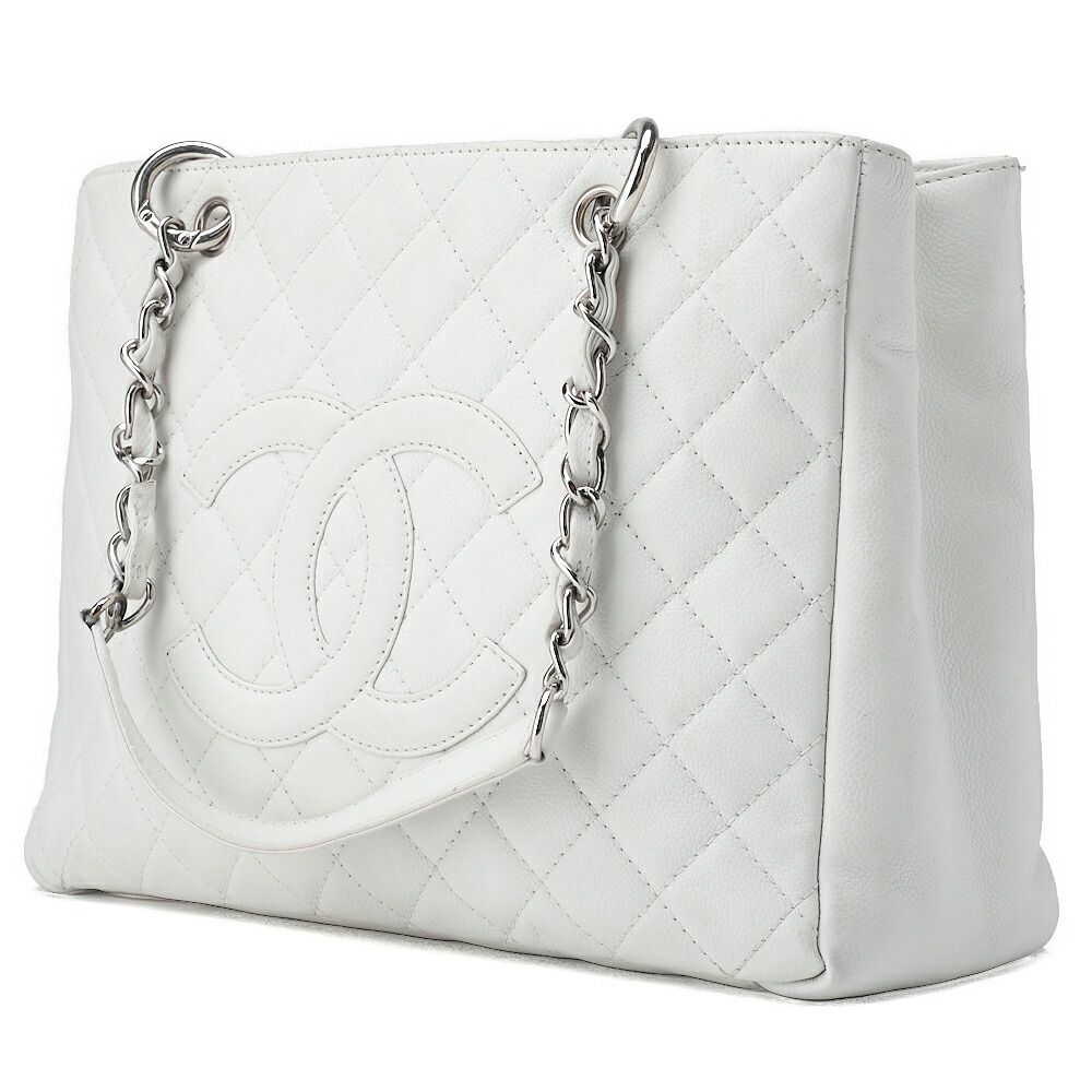 Chanel Shoulder Bag Matelasse Caviar Skin White Double Chain GST Silver