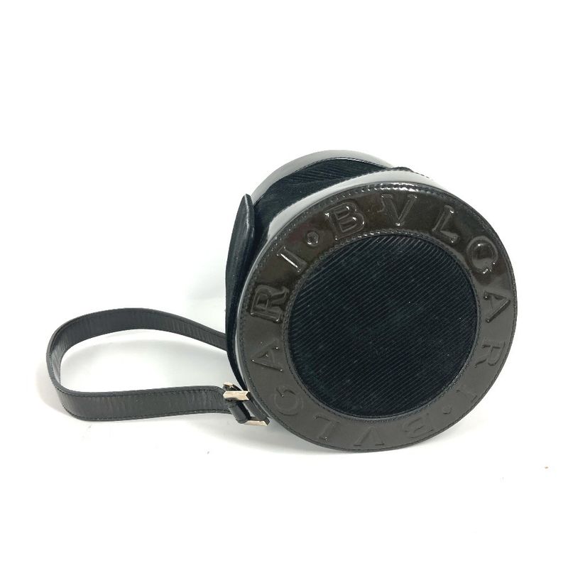 Bvlgari Bulgari Handbag Logomania Drum Tube Shape Suede Black