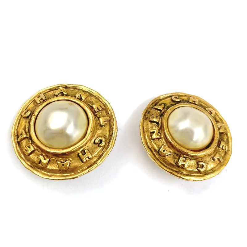 Chanel Old Chanel Logo Faux Pearl GP X Faux Pearl Ivory X Gold Earrings
