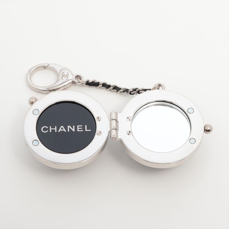 Chanel CC Logo Charm Line Stone Silver Mirror Key Holder Chain Ball