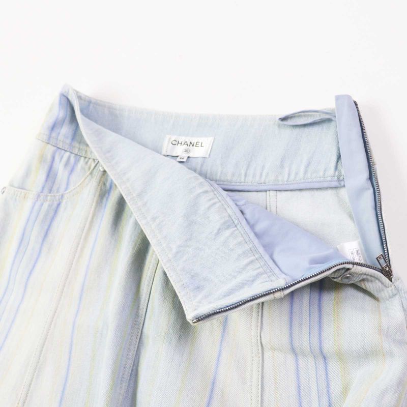 CHANEL P58766 Cotton Striped Hem Cut Off Denim Skirt Light Blue 34 Made In