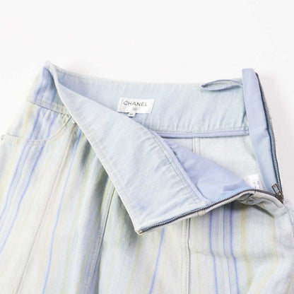 CHANEL P58766 Cotton Striped Hem Cut Off Denim Skirt Light Blue 34 Made In