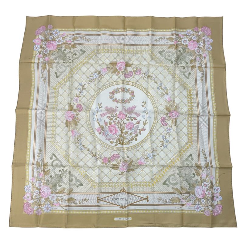 Hermes Large Scarf Silk Carre 90 JEUX DE Paille Straw Play Beige