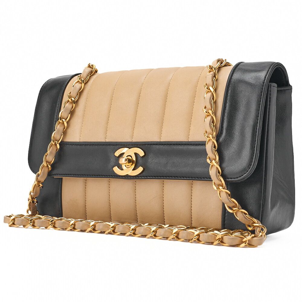 Chanel Shoulder Bag Mademoiselle Lambskin Beige And Black Gold Hardware Full