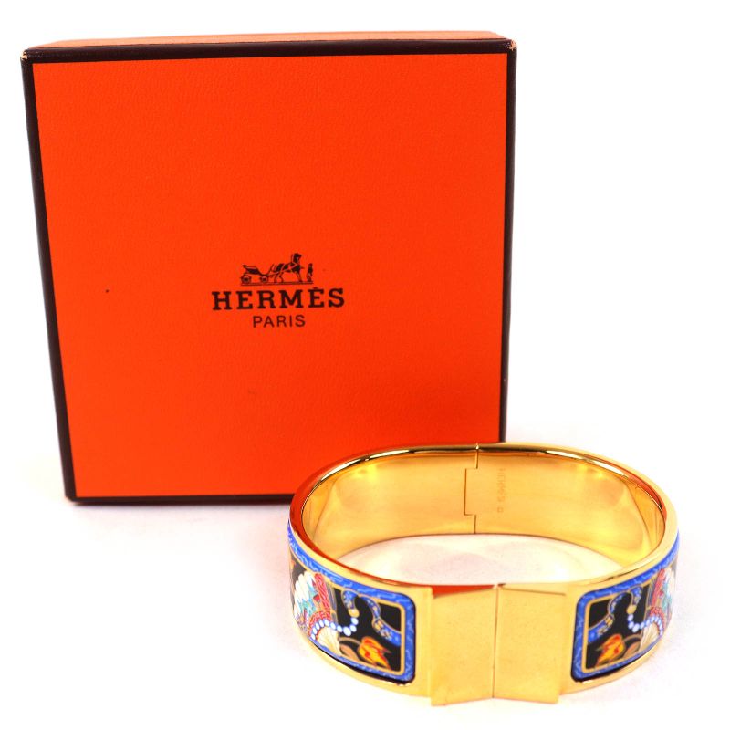 Hermes Roque Emile GM Fan Pattern Cloisonne Bangle Bracelet Accessory Gold