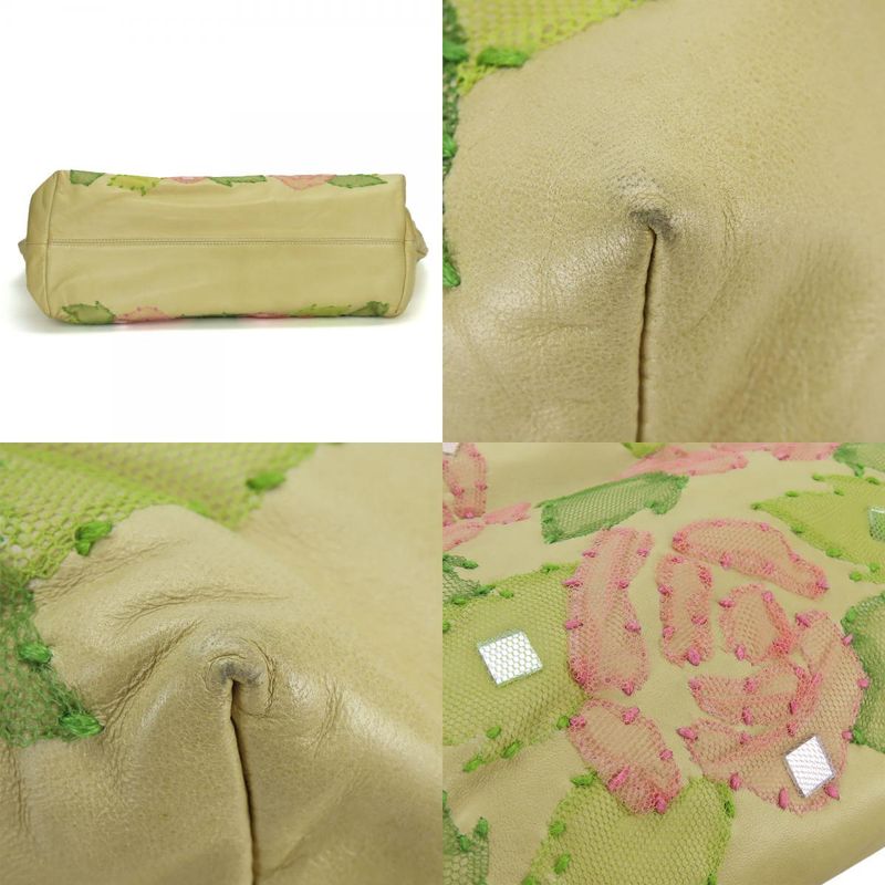 Fendi Tote Roll Bag Leather Beige Pink Green Silver Hardware Shoulder Floral A4