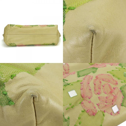 Fendi Tote Roll Bag Leather Beige Pink Green Silver Hardware Shoulder Floral A4