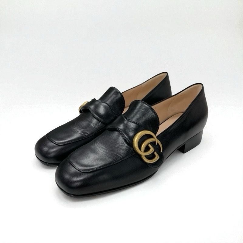 Gucci Double G Loafers Leather Shoes Leather Black Gold Ggmarmont