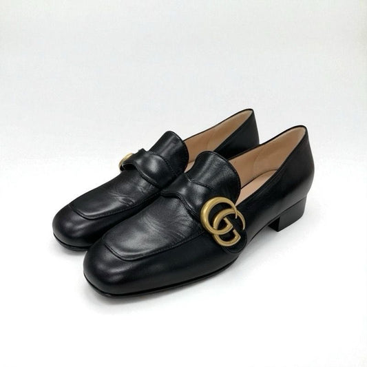 Gucci Double G Loafers Leather Shoes Leather Black Gold Ggmarmont