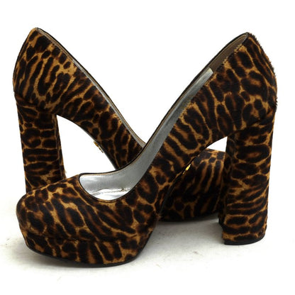 Prada Pumps Shoes Women Leather Dark Brown 8751 Leopard Chunky Heel High Heel