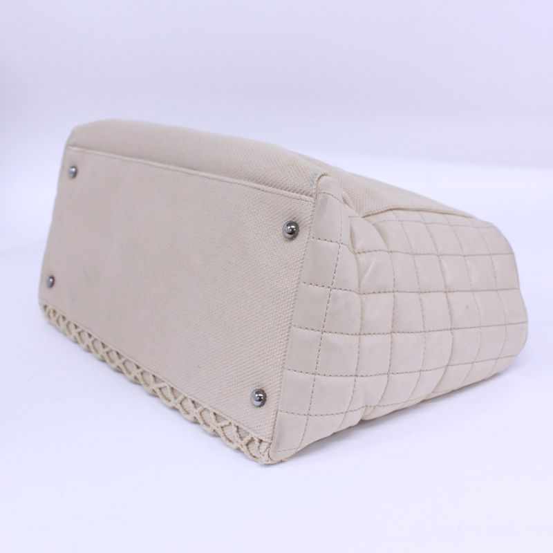 Chanel Chocobar Chain Bag Canvas And Lambskin Beige Handbag Silver