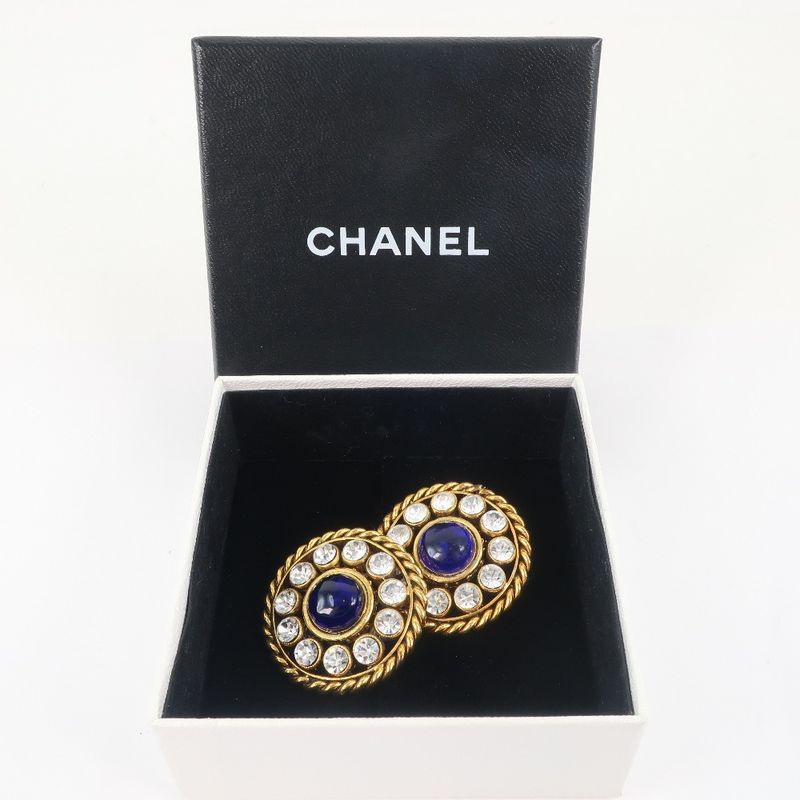 Chanel Gold Plated And Rhinestone Blue 23 Ladies 31.5g Earring
