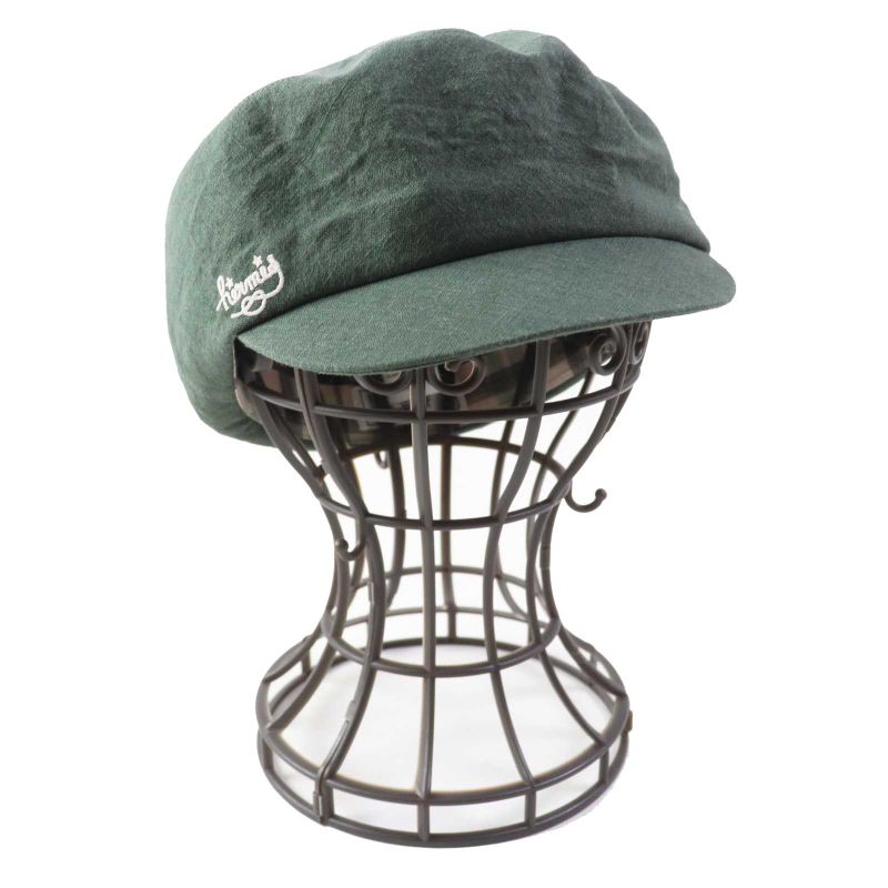 Hermes Paola 100% Linen Logo Embroidery Checkered Lining Cassock Khaki 57 Made