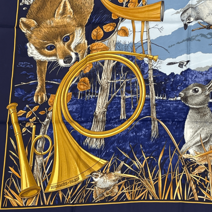 Hermes Carre 90 Chasse Au BOIS Hunting In The Woods Blue Scarf 100% Silk