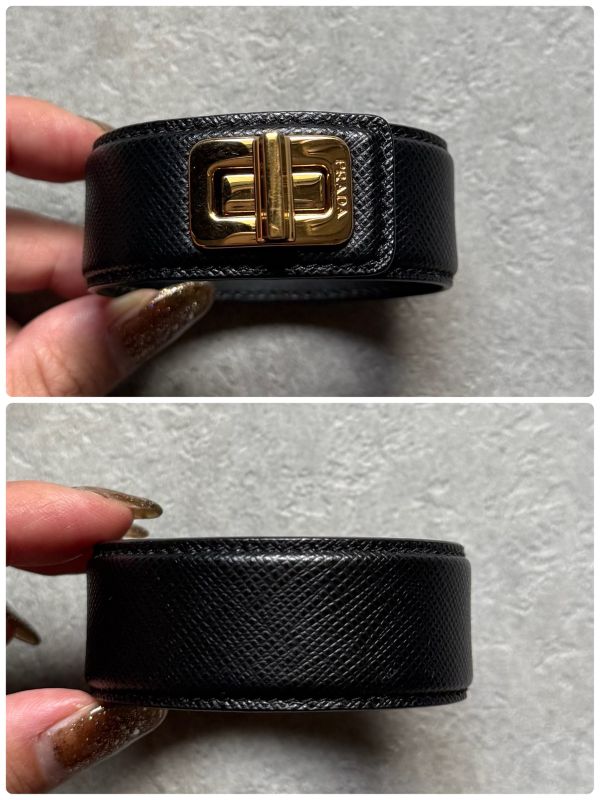 Prada Saffiano Leather Logo Belt Bracelet Turnlock Black Gold Women's Size S