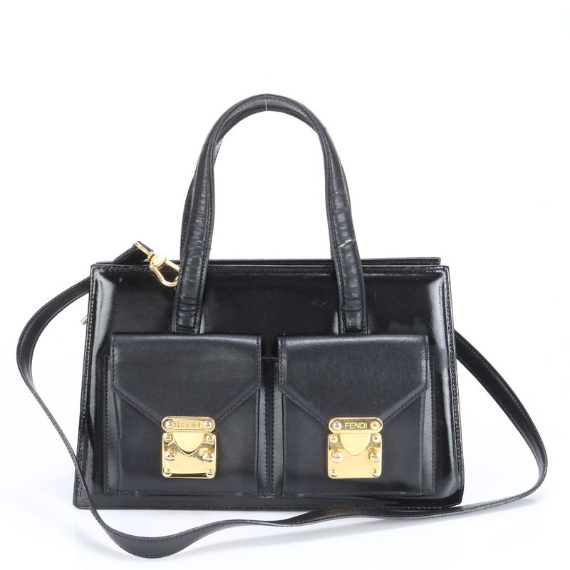 Fendi Leather 2WAY Shoulder Bag Crossbody Hand Tote Black Gold Hardware Women's