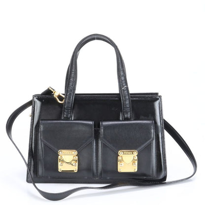 Fendi Leather 2WAY Shoulder Bag Crossbody Hand Tote Black Gold Hardware Women's