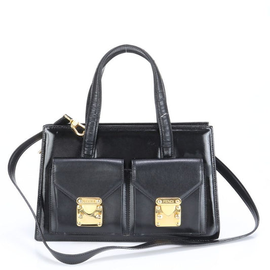 Fendi Leather 2WAY Shoulder Bag Crossbody Hand Tote Black Gold Hardware Women's