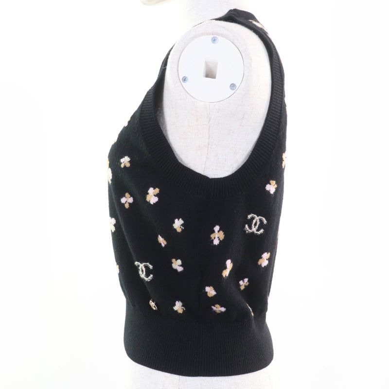 CHANEL 24SS P76928k11094 Cashmere Clover Coco Mark Knit Vest Top Black 36 Made