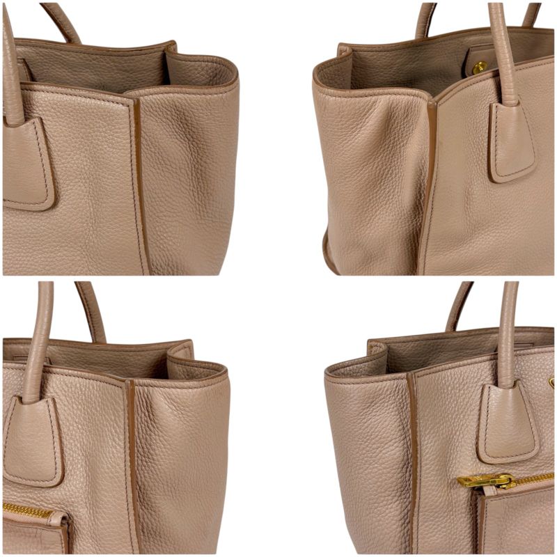 Prada 2WAY Tote Shoulder Bag Vittero Dino Leather Triangle Logo Pink Beige