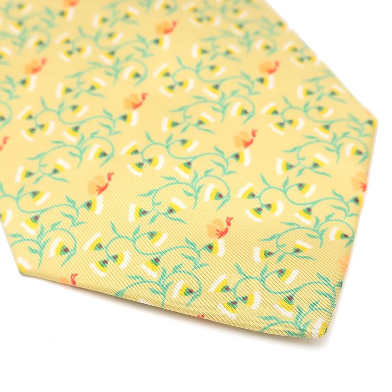 Hermes Tie Botanical Pattern 9cm (3.54in) Silk Yellow and Gmulticolor Yellow