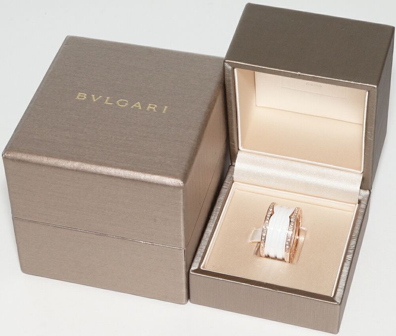 Bulgari Ring 18K Pink Gold White Ceramic Full Edge Pave Diamond Bzero1 Ring