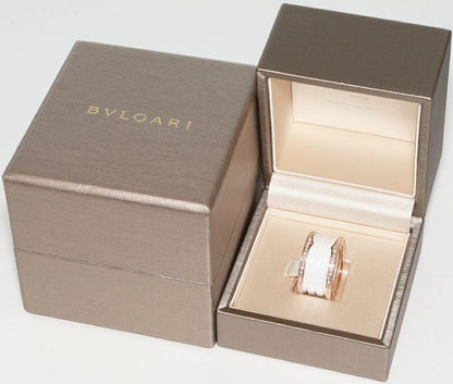 Bulgari Ring 18K Pink Gold White Ceramic Full Edge Pave Diamond Bzero1 Ring