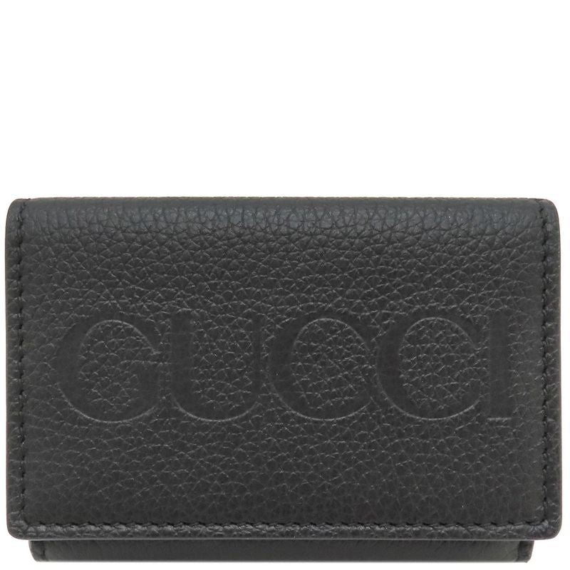 Gucci Trifold Wallet Logo Mini Wallet Leather Black Gold Hardware Black Compact