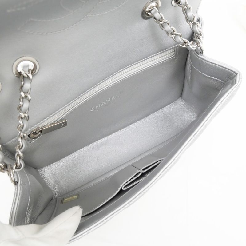 Chanel Small Chain Shoulder Bag Filigree Caviar Skin Silver Hardware
