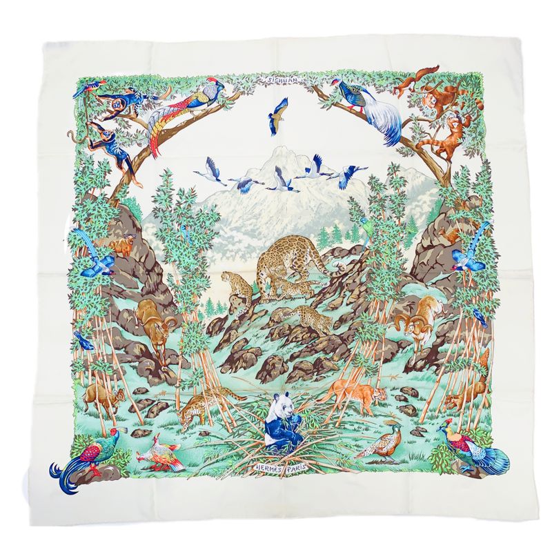 Hermes Carre 90 Sichuan Ivory X Multicolor Scarf 100% Silk