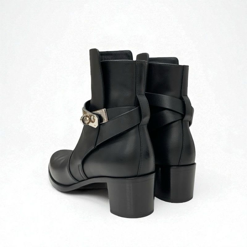 Hermes Frenchie Boots Short Shoes Leather Black Silver Kelly Hardware