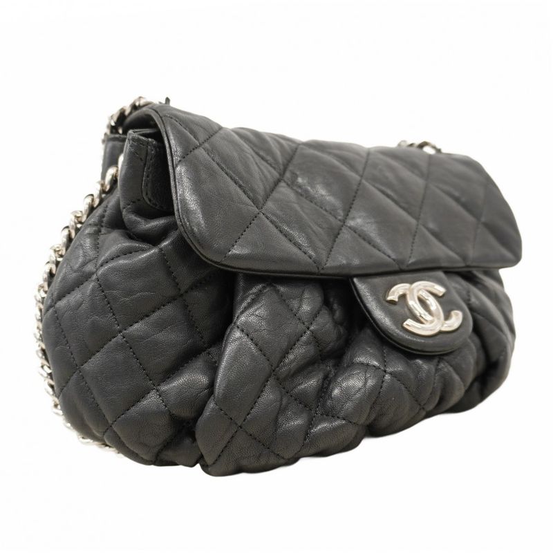 Chanel Shoulder Bag Matelasse Lambskin Black Silver Hardware Women