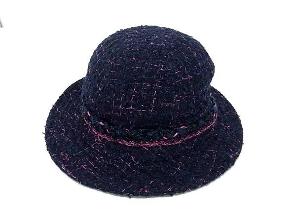 Chanel Coco Mark Cotton And Nylon Tweed Hat Hat Size 57 Women's Navy Fg1566