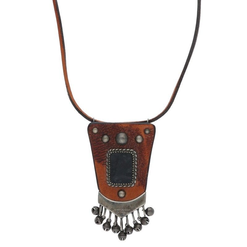 Saint Laurent Paris 15SS Studded Decoration Leather Plate Necklace Men's